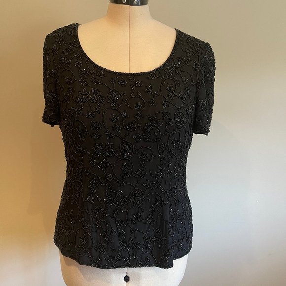 Occasions Cropped Beaded Black Flowers Silk Top Size L - Picture 2 of 5